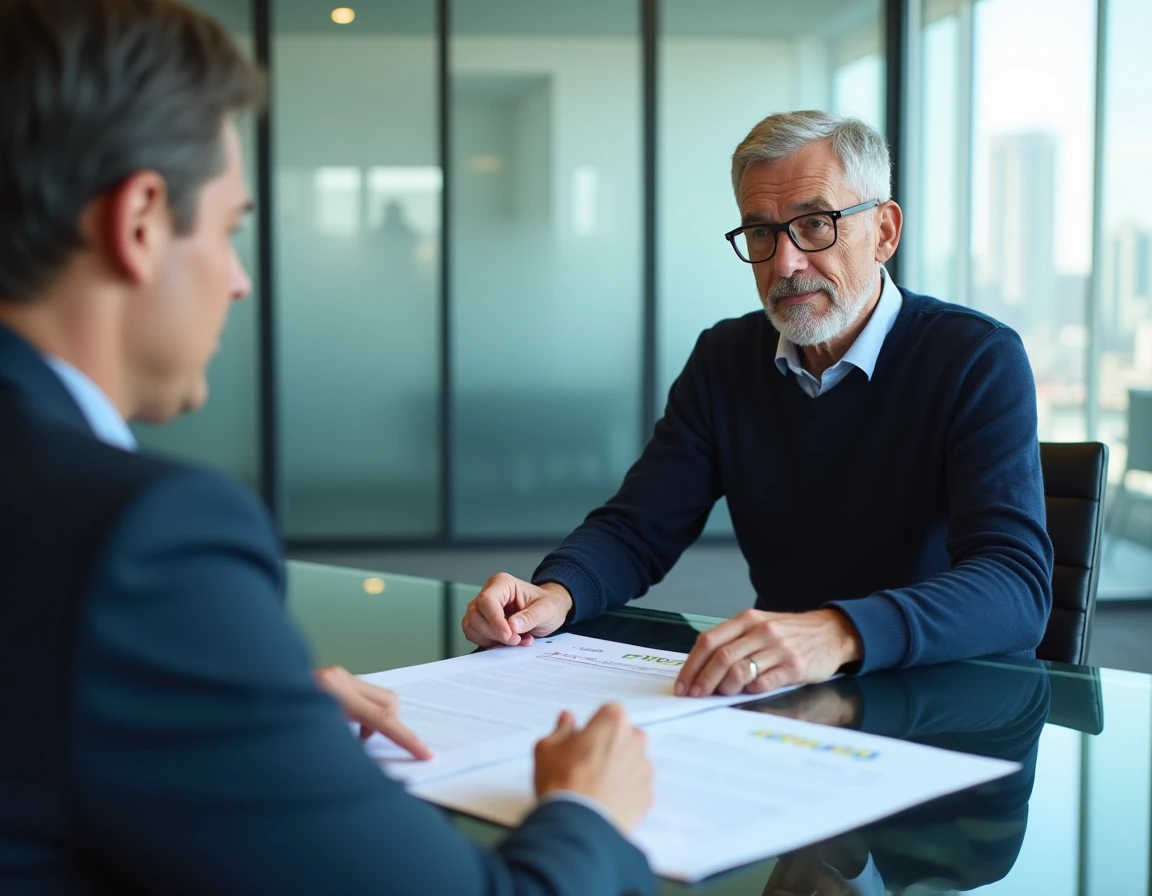 Homme consultant un rapport ERRIAL avec un conseiller immobilier autour d'une table de réunion professionnelle