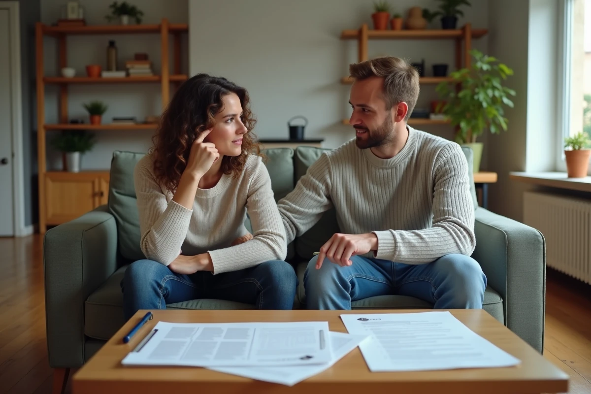 Deux copropriétaires en désaccord sur le remboursement d'un crédit immobilier en indivision dans un salon