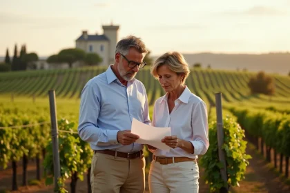 Couple familial examinant des documents d'achat devant un vignoble bordelais en été, illustrant l'acquisition via SCI familiale