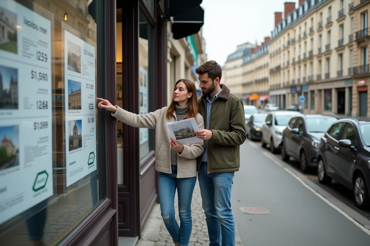 Couple devant une agence immobilière parisienne consultant les annonces de vente avec prix au mètre carré