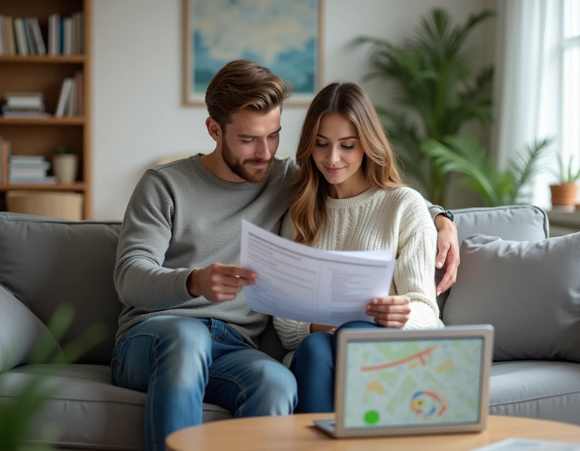 Jeune couple analysant ensemble un rapport ERRIAL dans leur salon pour comprendre les risques de leur bien immobilier