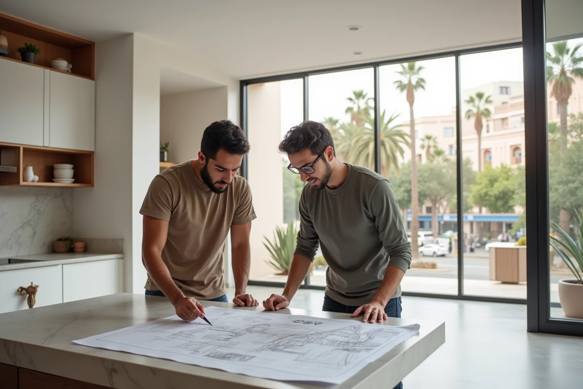 Couple marocain examinant des plans d'appartement dans un logement moderne du quartier Guéliz à Marrakech