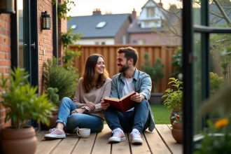 Jeune couple souriant sur terrasse urbaine avec jardin
