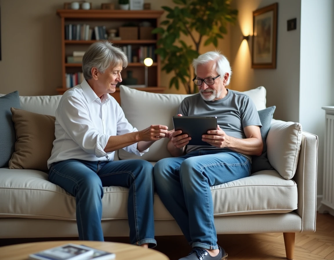 Couple de copropriétaires consultant leurs documents de syndic en ligne sur tablette dans leur salon