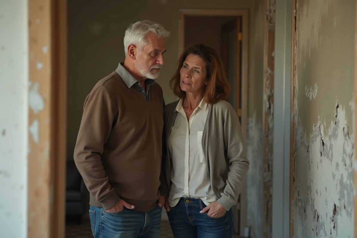 Couple découvrant des fissures et vices cachés dans une maison achetée à un particulier