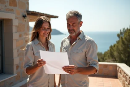 Couple examinant des documents immobiliers sur la terrasse d'une maison avec vue mer avant la signature du compromis