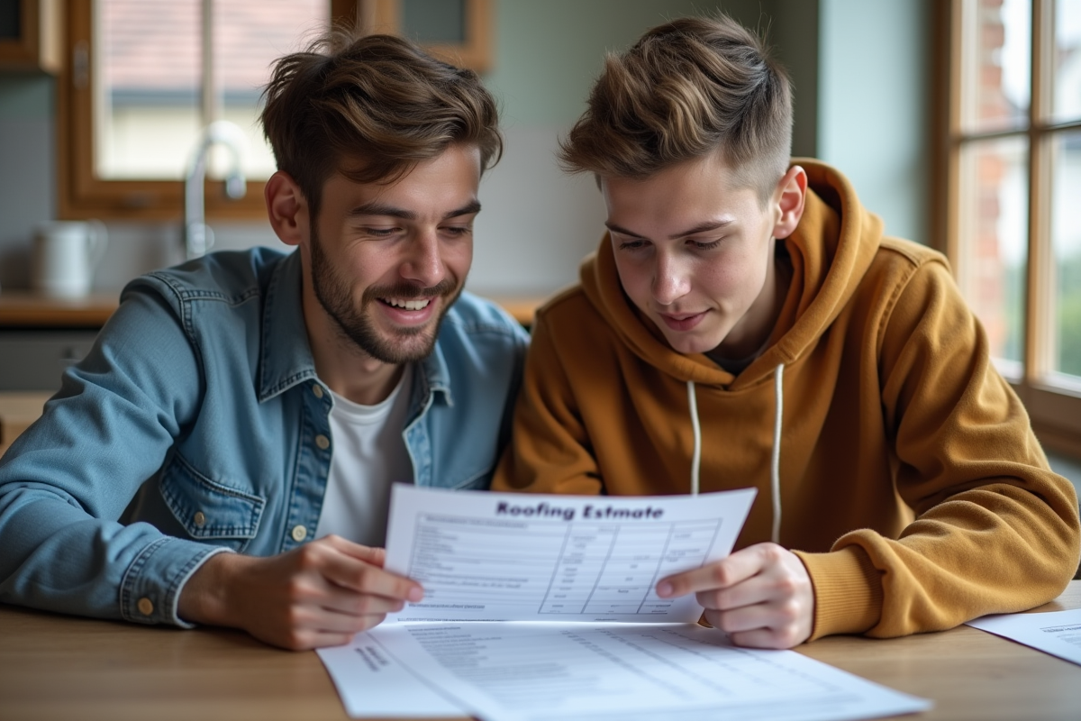 Jeune couple examinant une estimation de toiture à la maison