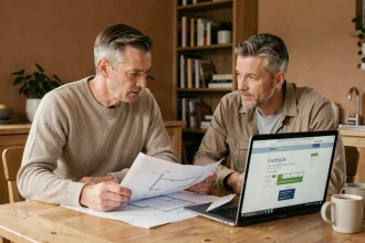 Couple examinant des plans de maison individuelle et un dossier de financement immobilier sur un ordinateur portable