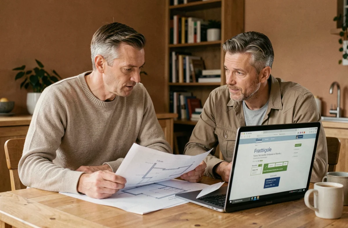Couple examinant des plans de maison individuelle et un dossier de financement immobilier sur un ordinateur portable