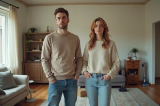 Jeune couple dans un salon désordonné et inconfortable