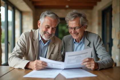 Couple de retraités examinant des documents d'investissement locatif loi Pinel dans un appartement bordelais moderne