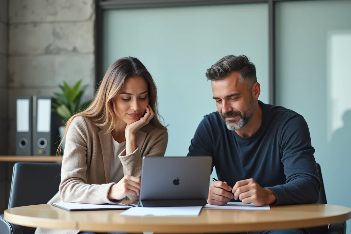 Couple consultant la plateforme Playiad IAD sur tablette pour signer un compromis de vente