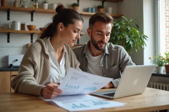 Couple consultant des documents de prêt immobilier sur 25 ans dans un appartement moderne