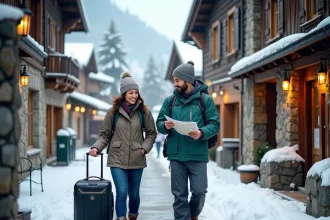 Couple marchant à pied dans le village des Menuires avec bagages, logements et commerces en arrière-plan