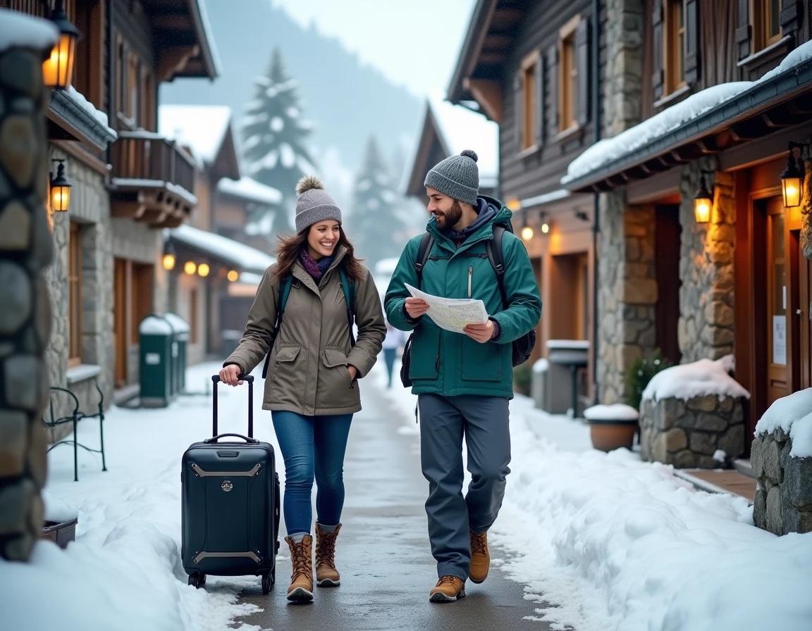 Couple marchant à pied dans le village des Menuires avec bagages, logements et commerces en arrière-plan