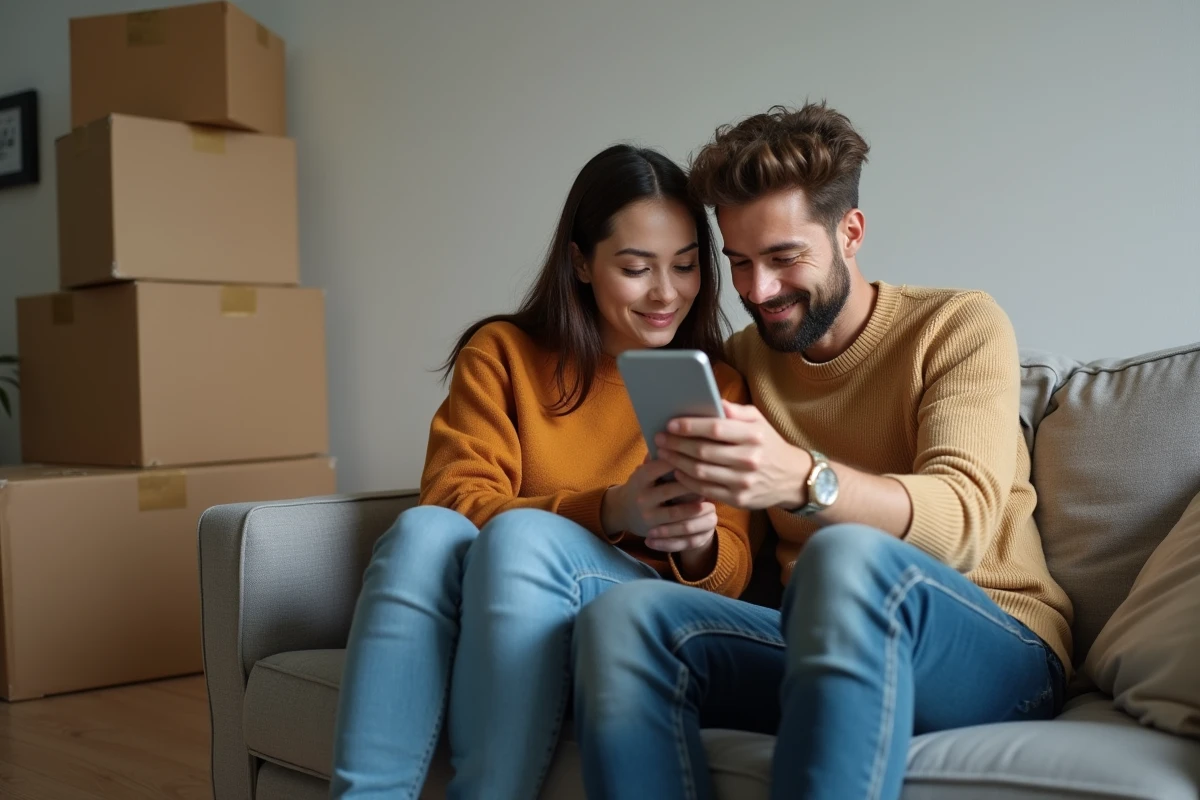 Couple consultant ensemble une application de réservation de logement social sur smartphone dans un appartement en transition