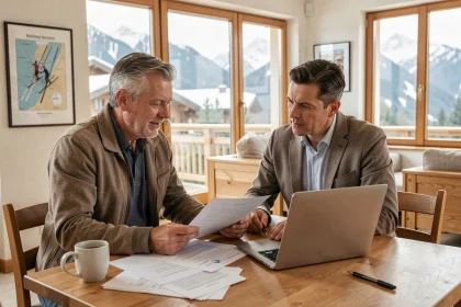 Couple de propriétaires examinant des documents de revente de multipropriété Pierre et Vacances dans un appartement de résidence de vacances
