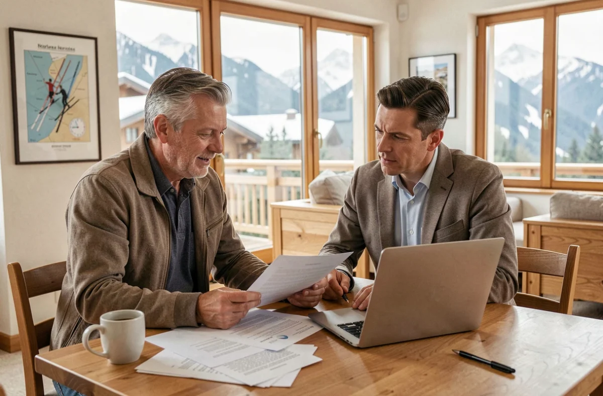 Couple de propriétaires examinant des documents de revente de multipropriété Pierre et Vacances dans un appartement de résidence de vacances