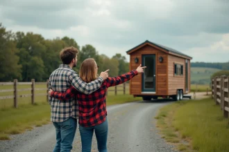 Couple debout sur un terrain rural à côté d'une tiny house sur roues, évaluant un terrain à acheter ou louer pour leur maison minimaliste