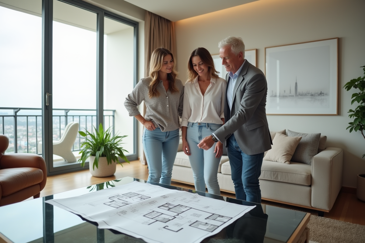 Couple discutant avec agent immobilier dans un appartement neuf