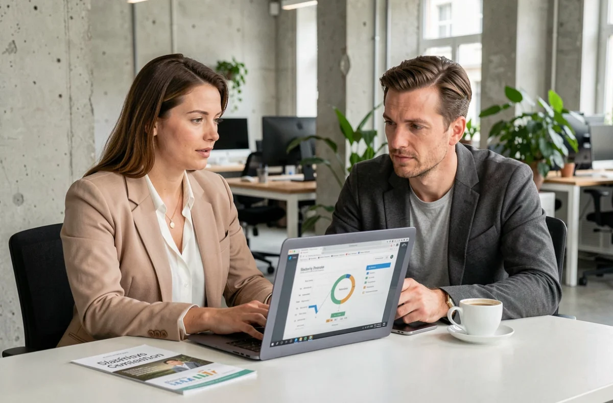 Courtière en crédit immobilier présentant une simulation de prêt à un client dans un espace de travail moderne