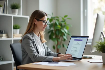 Femme seule créant une SCI en ligne sur un ordinateur portable dans un bureau à domicile moderne