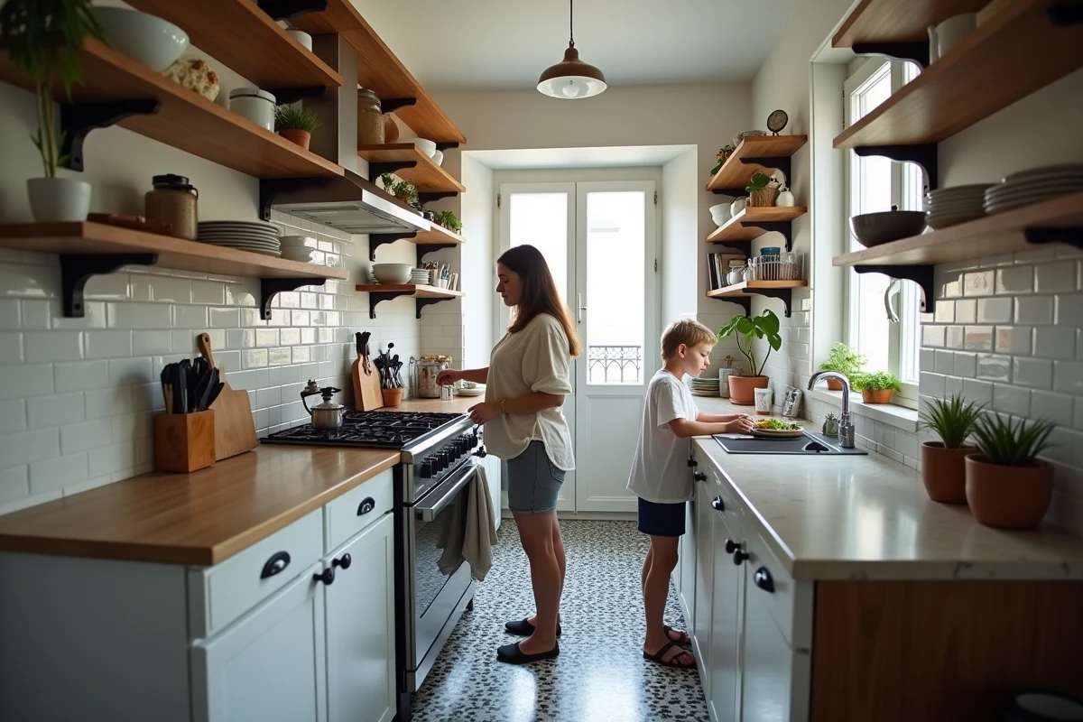 Cuisine étroite et optimisée dans un appartement haussmannien à Paris, avec carrelage mosaïque ancien et mère cuisinant à côté de son adolescent qui fait ses devoirs