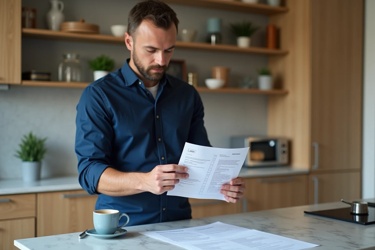 Homme consultant des démarches administratives pour une SCI sur smartphone et documents papier