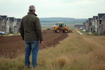 Homme devant un nouveau lotissement en nature
