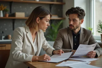 Femme en blazer discutant de location avec un jeune homme