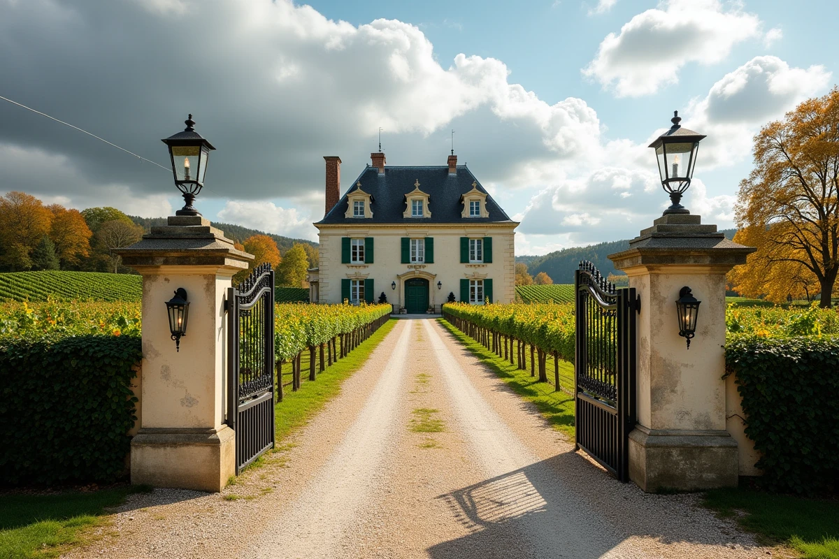 Domaine viticole bordelais avec château en pierre et vignes à l'automne, illustrant un bien immobilier acquis en SCI familiale