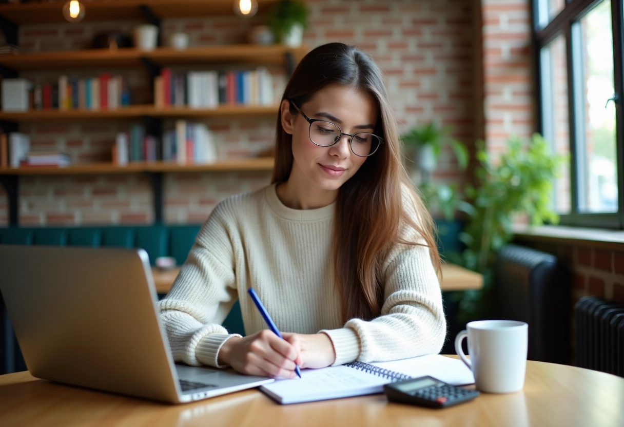 Jeune femme économiste au café comparant des statistiques