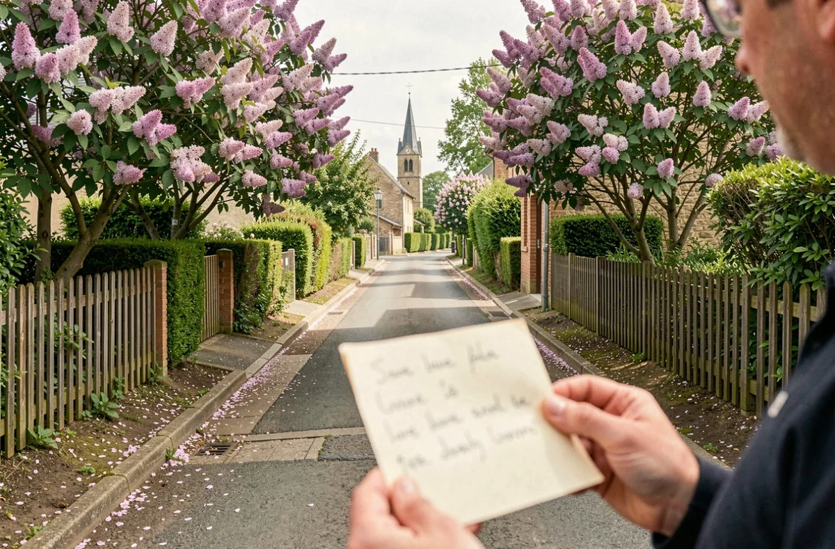 Vue de l'entrée d'une impasse fleurie de lilas dans un village de l'Aube avec note d'adresse manuscrite