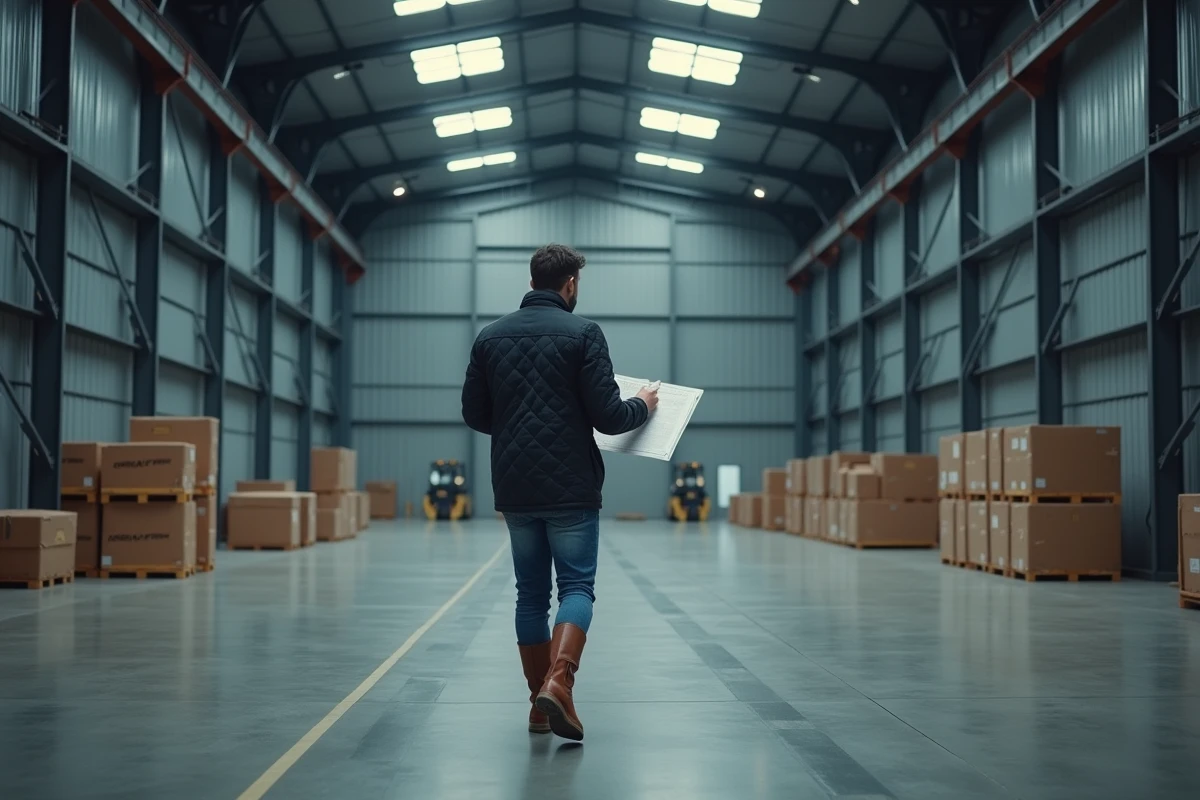 Entrepreneur inspectant un entrepôt logistique à louer dans le Nord, options de bail commercial pour stockage et activité