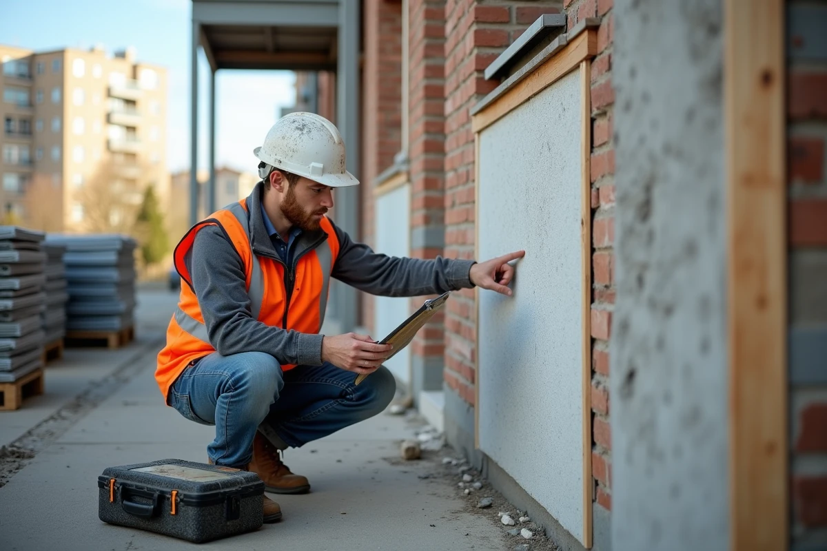 Entrepreneur en bâtiment consultant un guide technique lors de travaux de rénovation d'un immeuble en copropriété