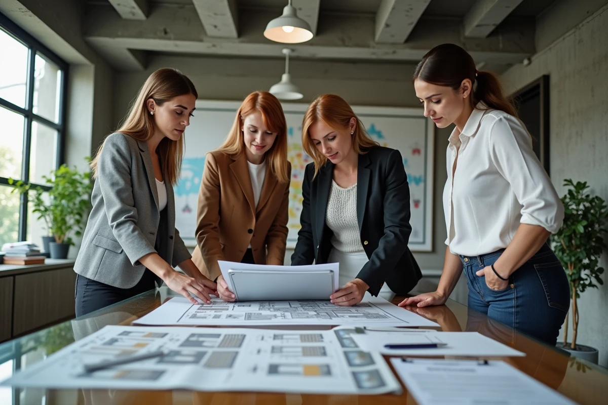 Équipe de conseillers immobiliers Orpi Invest Immo collaborant sur des dossiers clients dans une agence contemporaine