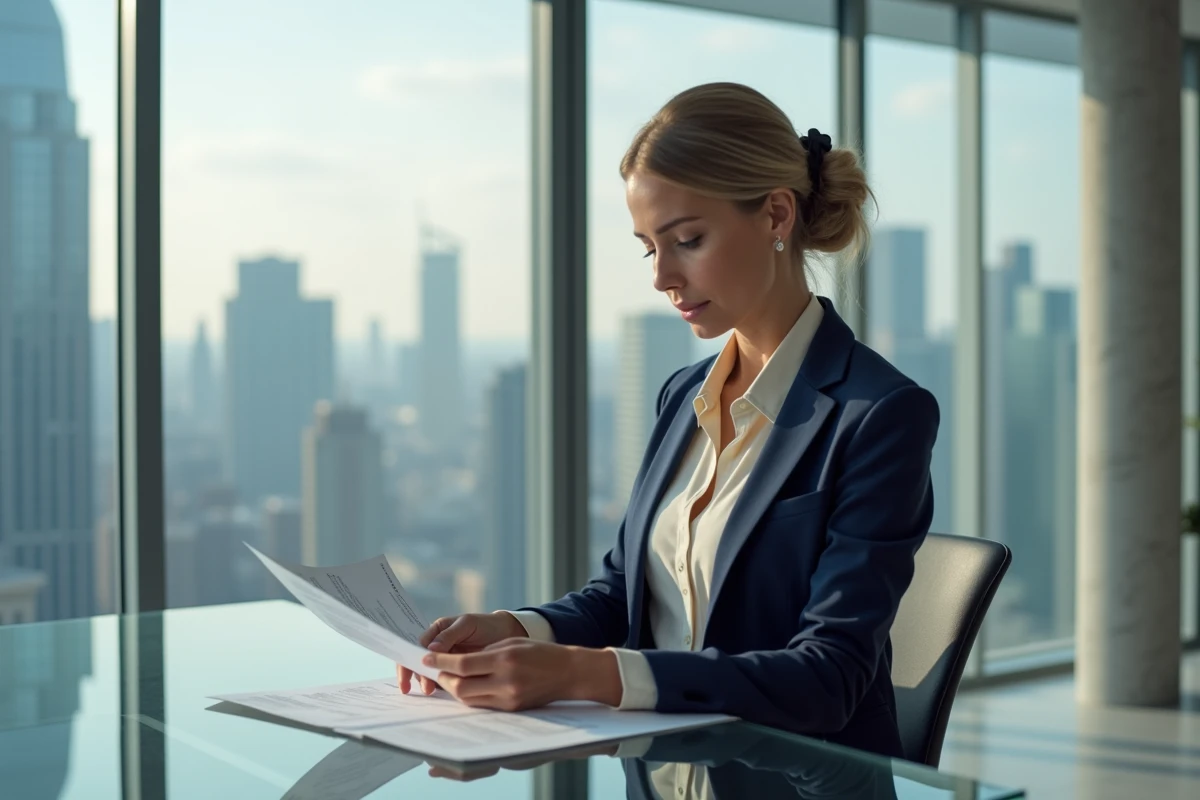 Professionnelle de l'immobilier de luxe analysant une estimation immobilière dans un appartement penthouse moderne avec vue sur la ville