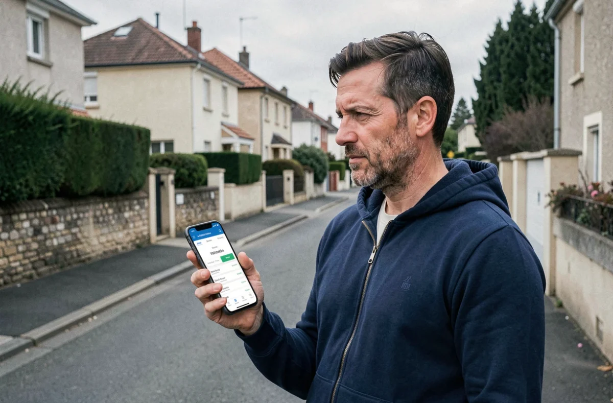 Homme consultant une estimation immobilière sur smartphone devant des maisons d'un quartier résidentiel français