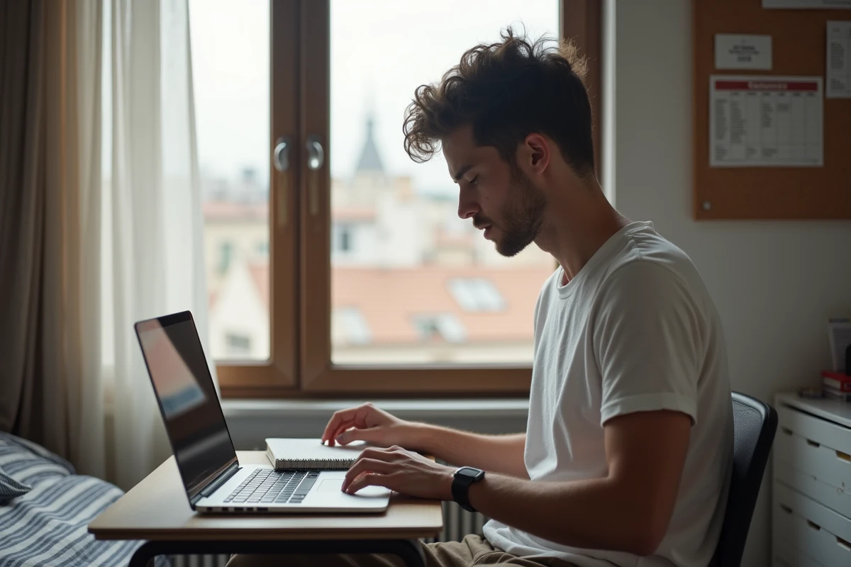Étudiant recherchant un appartement en location à Barcelone sur son ordinateur portable dans une chambre meublée