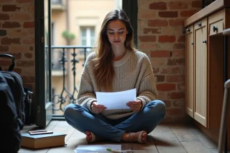 Étudiante lisant un contrat de location dans un appartement typique de Barcelone avec parquet en bois et balcon en fer forgé