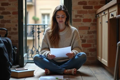Étudiante lisant un contrat de location dans un appartement typique de Barcelone avec parquet en bois et balcon en fer forgé