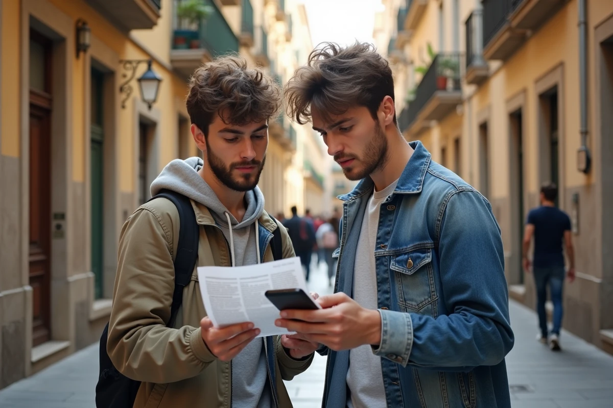 Deux étudiants consultant une annonce de location devant un immeuble résidentiel du quartier Gràcia à Barcelone