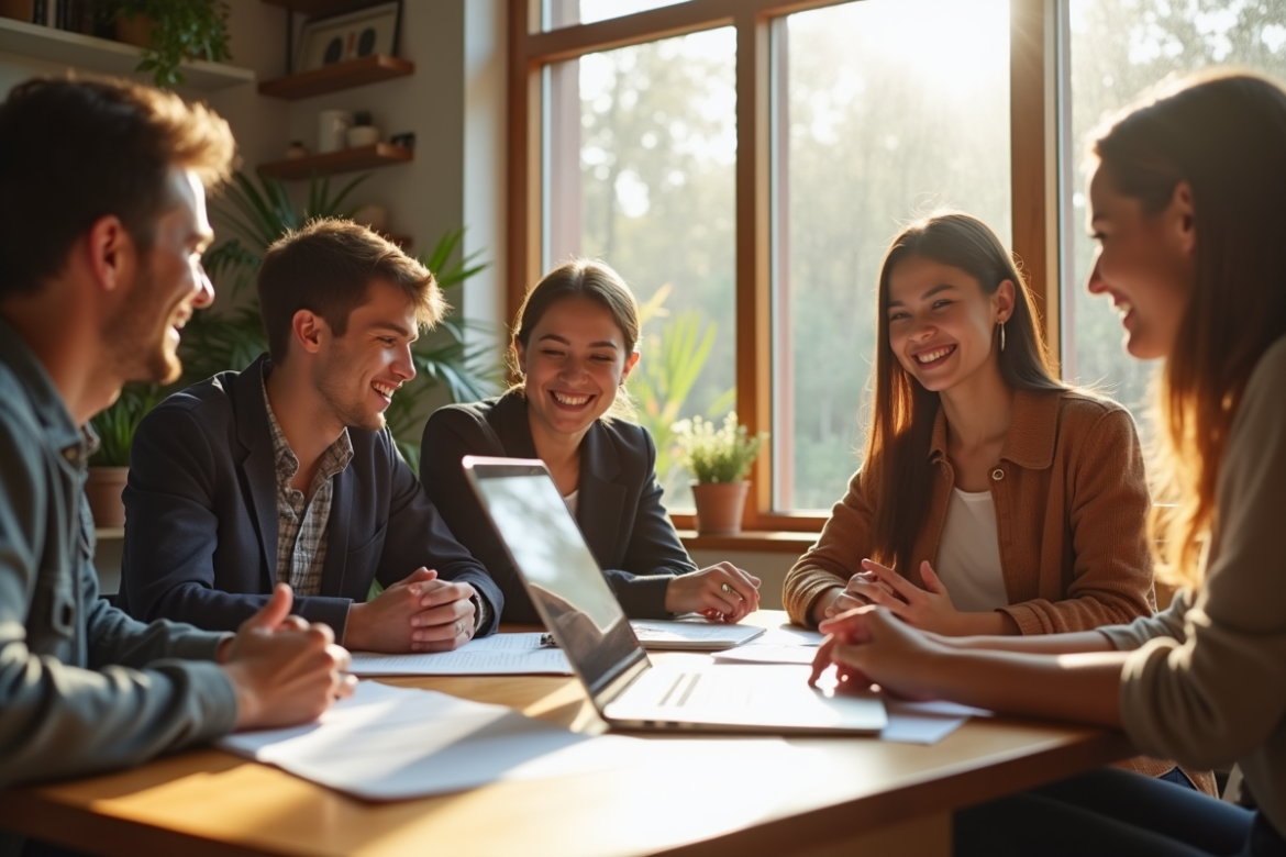 Groupe d'étudiants souriants autour d'une table moderne pour discuter de loyer
