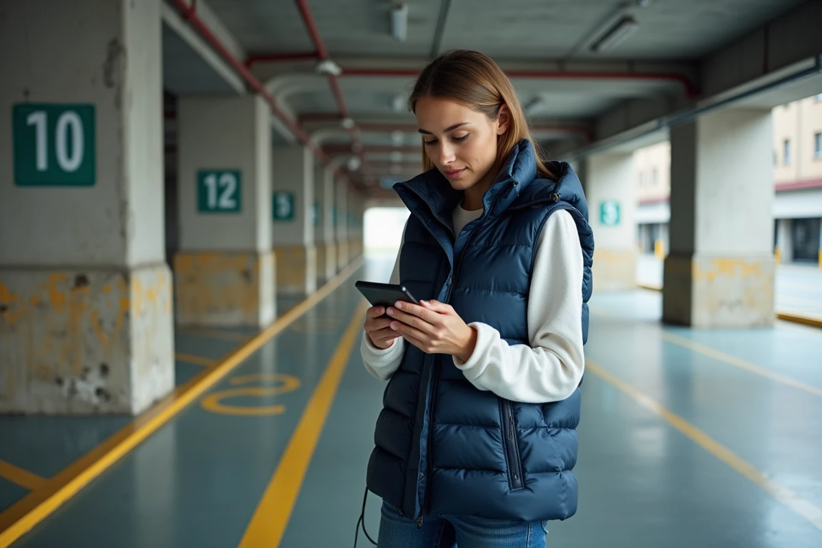 Femme évaluant les dimensions d'une place de parking souterrain avec une application de mesure sur smartphone