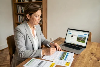 Femme analysant une évaluation immobilière en ligne avec des fiches de prix du quartier sur une table en bois