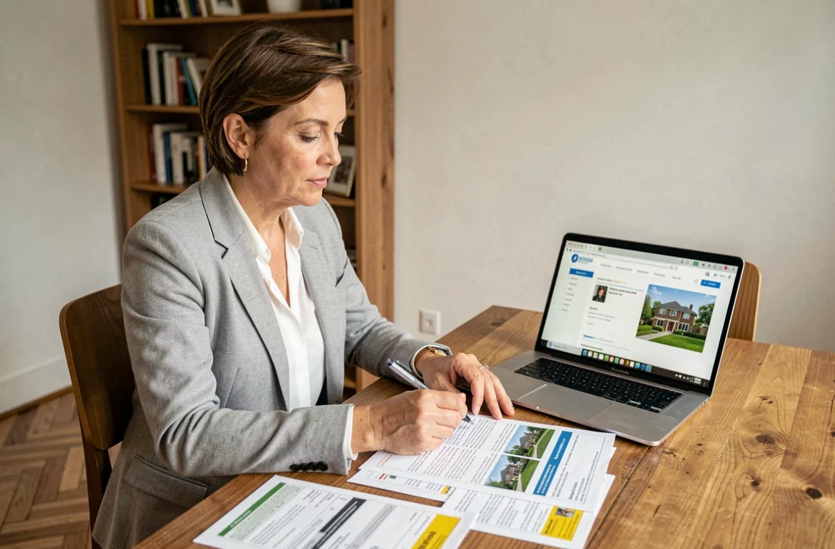 Femme analysant une évaluation immobilière en ligne avec des fiches de prix du quartier sur une table en bois