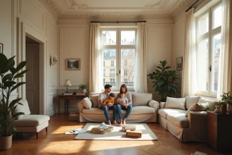 Famille dans un salon d'appartement haussmannien avec parquet en chevrons et grandes fenêtres, illustrant le charme et les contraintes du mode de vie parisien en famille