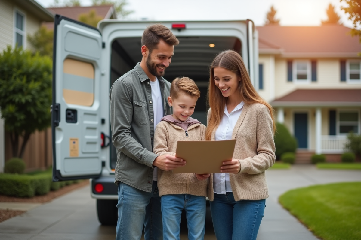 Famille heureuse devant une maison en déménagement