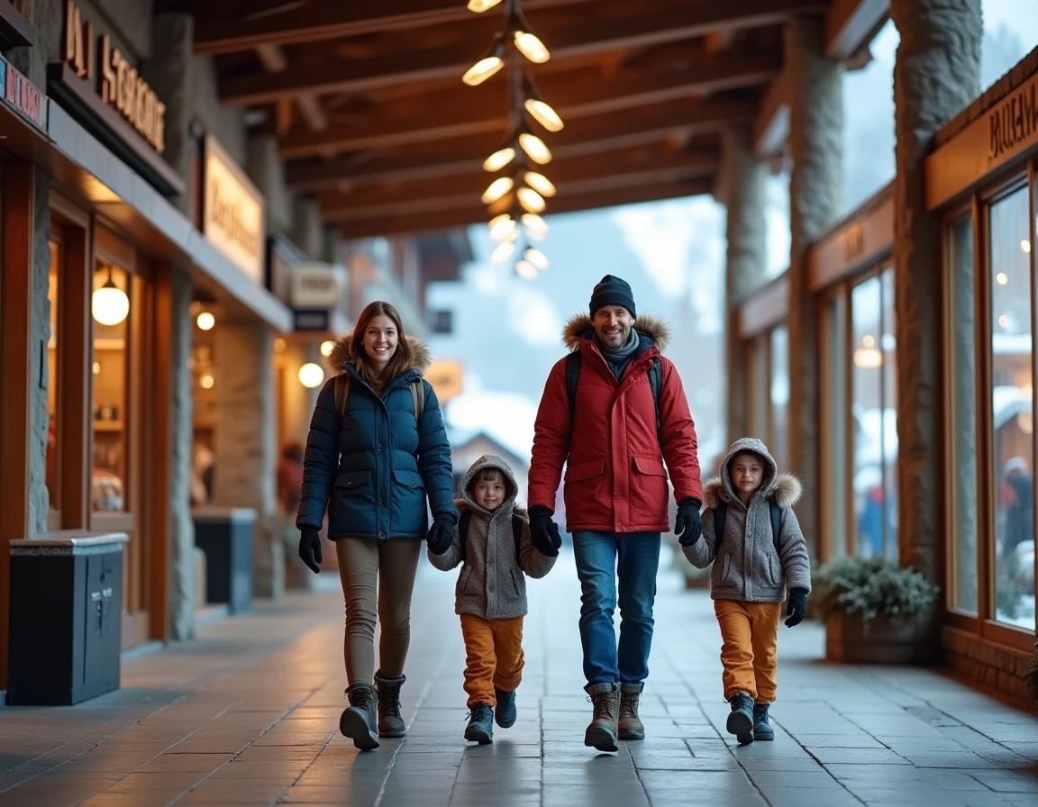 Famille se promenant à pied dans la galerie commerçante couverte de La Croisette aux Menuires