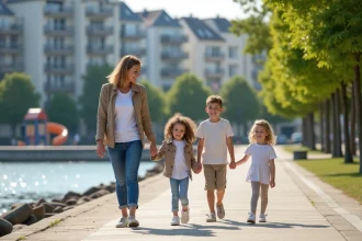 Famille de quatre marche le long de la promenade à Conflans
